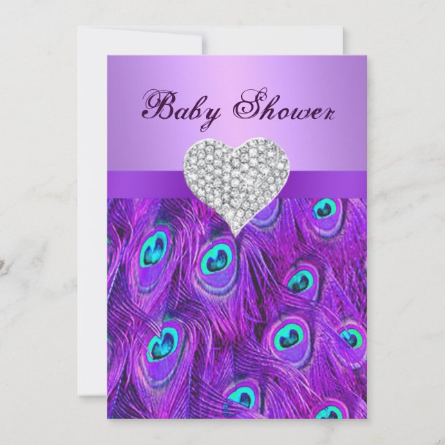 Purple Peacock Diamond Heart Baby Shower Invite (Front)