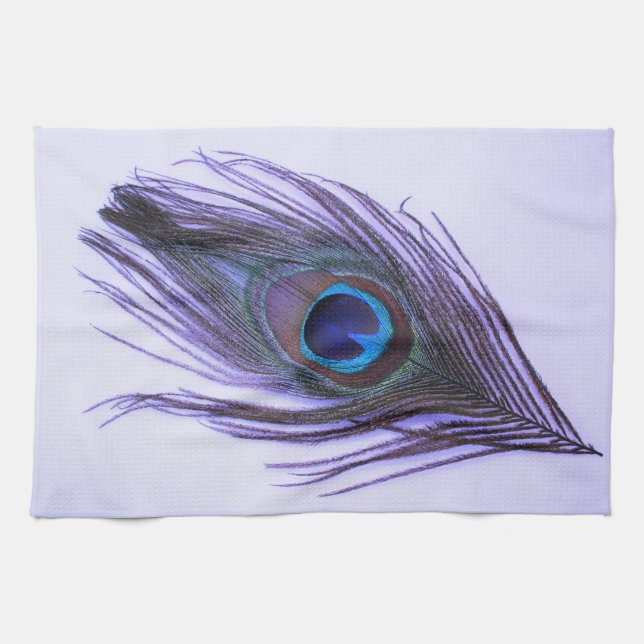 Purple Peacock Feather on Purple Kitchen Towel (Horizontal)