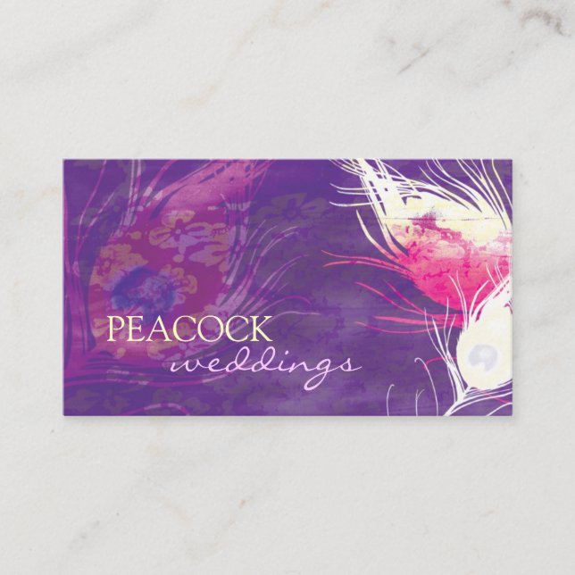 Purple Peacock Feathers Chic Wedding Business Card (Front)