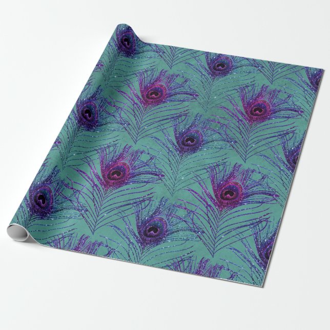 Purple Peacock Feathers on Teal Wrapping Paper (Unrolled)