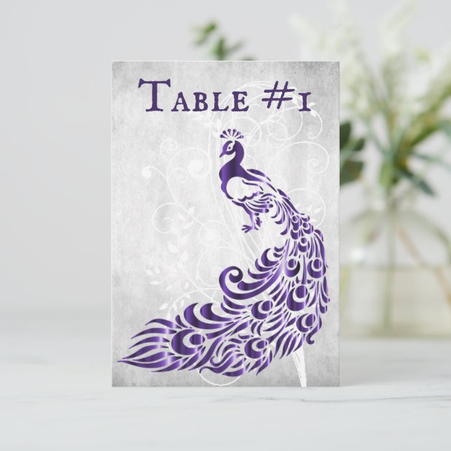 Purple Peacock Leaf Vine Table Card (Standing Front)