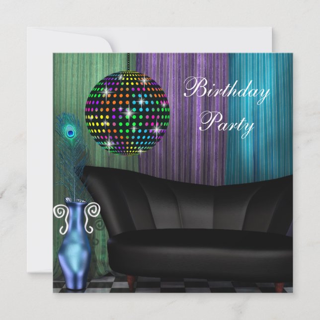 Purple Peacock Mirror Ball Disco Birthday Party Invitation (Front)
