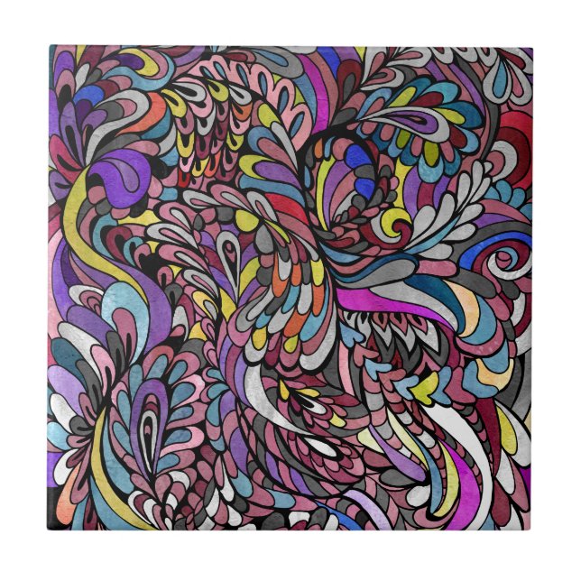 Purple Peacock Multicolor Funky Paisley Groovy Tile (Front)