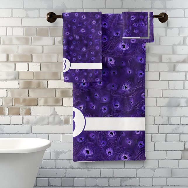 Purple Peacock Paradise  Bath Towel Set (Purple Peacock Feather Monogram bath towel set.)