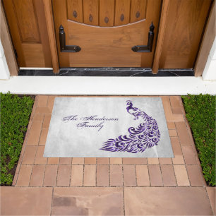 Purple Peacock Personalized Door Mat