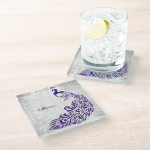 Purple Peacock Personalized Glass Coaster
