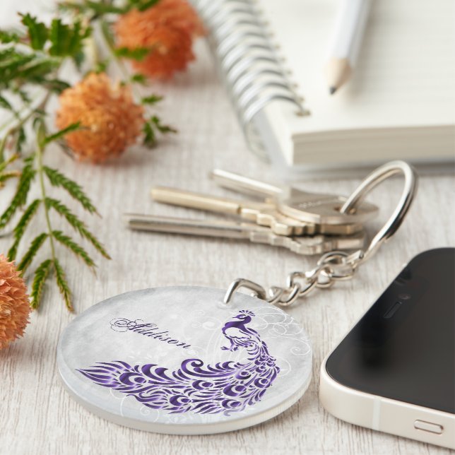 Purple Peacock Personalized Keychain (Front Right)