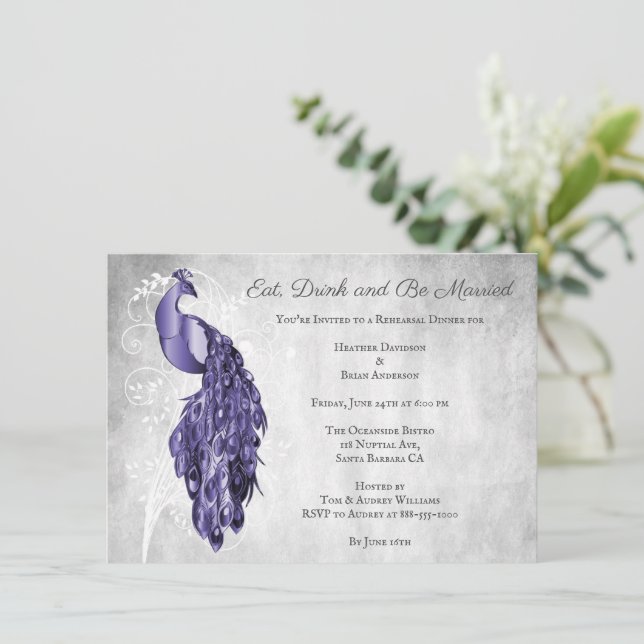 Purple Peacock Rehearsal Dinner Invitation (Standing Front)