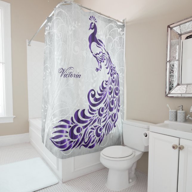 Purple Peacock rideau de douche personnalisée (En situation)