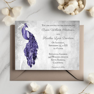 Purple Peacock White Botanical Wedding Invitation
