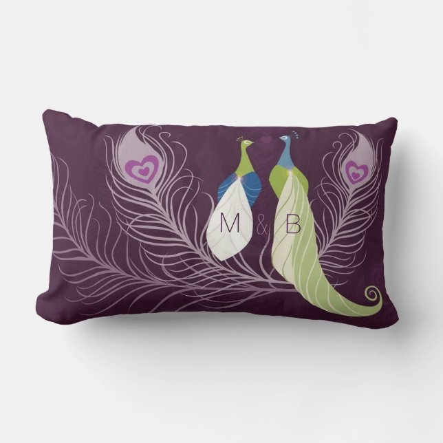 Purple Peacocks Pair Wedding Anniversary Custom Lumbar Pillow (Front)