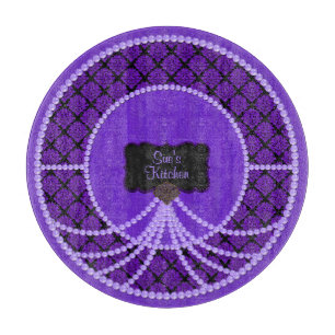 Purple Pearl Damask-Round Glass Cutting Board