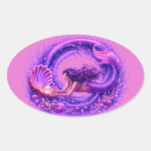 Purple Pearl Seeker Mermaid Fantasy Wave Art Oval Sticker