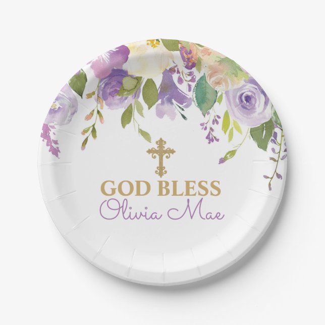 Purple Peonies Baptism Personalized Paper Plates (Front)