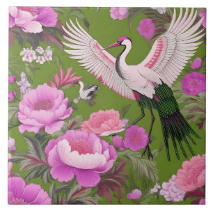 Purple peonies & Crane on Olive Green Chinoiserie Tile