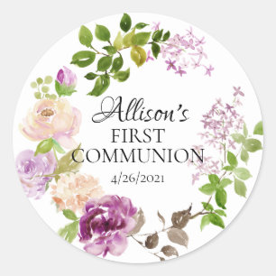 Purple Peonies First Communion Favour Classic Round Sticker