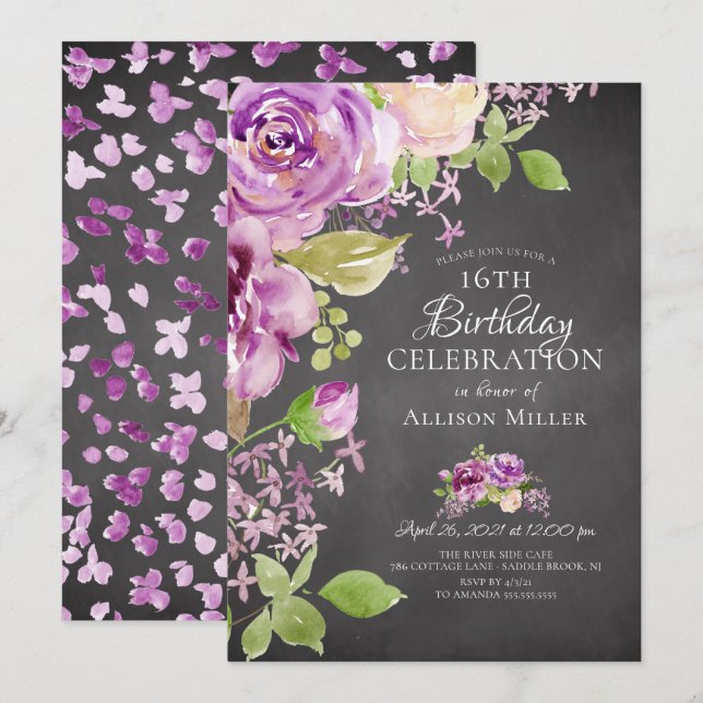 Purple Peonies Floral 16e anniversaire Invitation (Devant / Derrière)