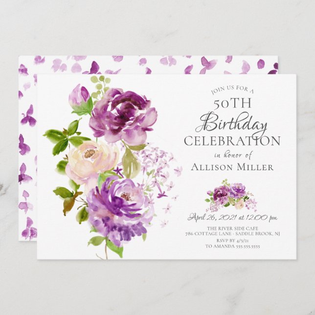 Purple Peonies Floral Birthday  Invitation (Front/Back)