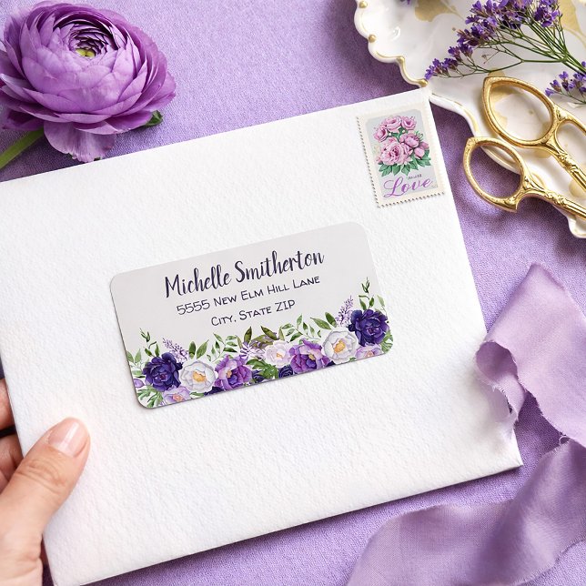 Purple Peonies Floral Botanical Label (Purple peonies address label)
