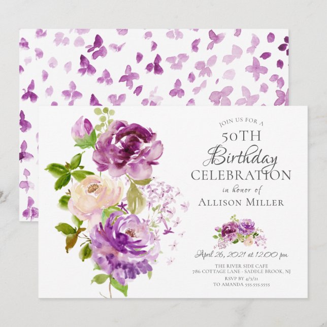 Purple Peonies Floral Invitation d'anniversaire (Devant / Derrière)