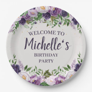 Purple Peonies Floral Women's Birthday Welcome   Paper Plate