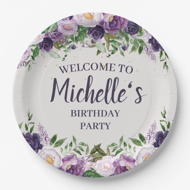Purple Peonies Floral Women's Birthday Welcome   Paper Plate (Front)