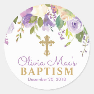 Purple Peonies Girl Baptism Favor Tag Stickers