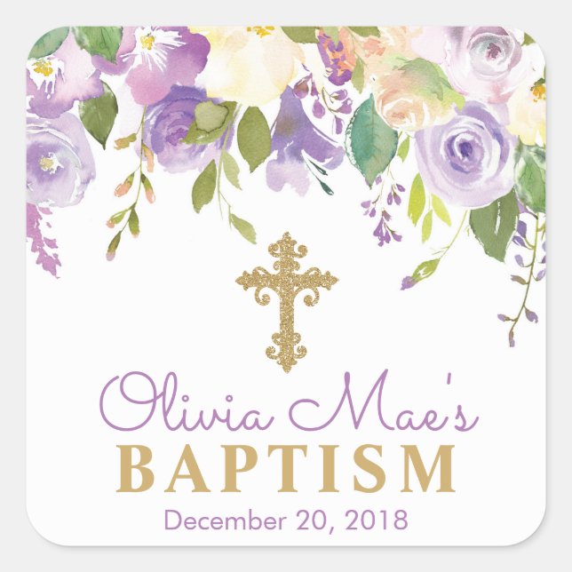 Purple Peonies Girl Baptism Square Stickers (Front)