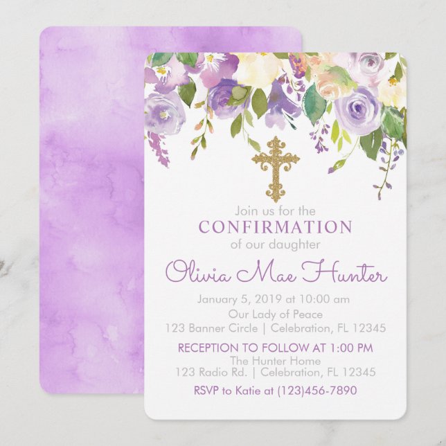 Purple Peonies Girl Confirmation Invitation (Front/Back)