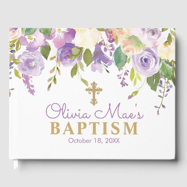 Purple Peonies Girl Purple & Gold Baptism Guest Book (Front)
