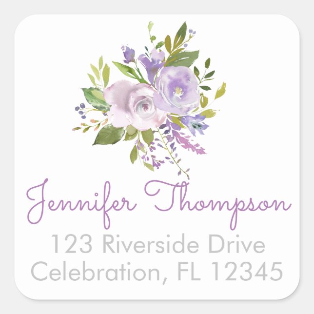 Purple Peonies Square Return Address Labels (Front)