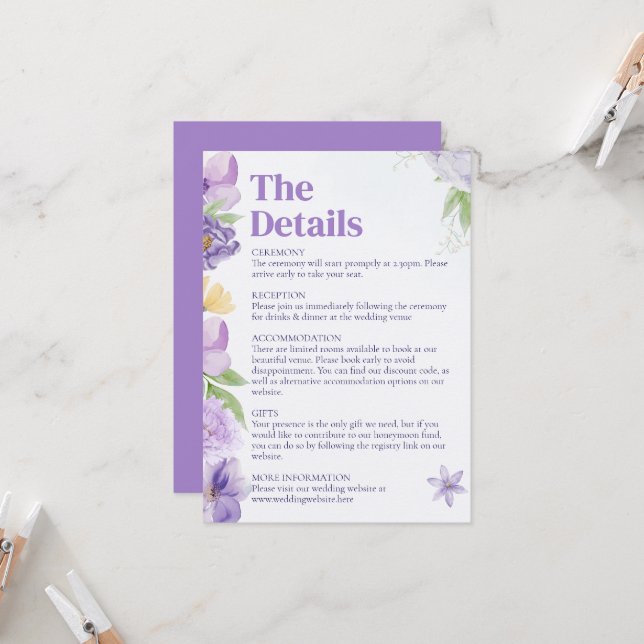 Purple Peonies Wedding Invite Enclosure Card (Front/Back In Situ)