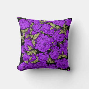 Purple Peonies with Gold Leaves Throw Pillow