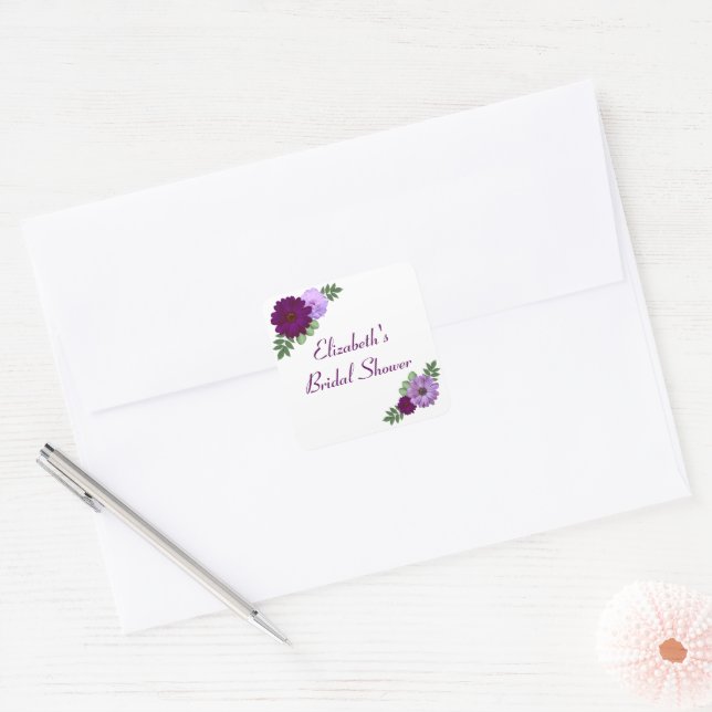 Purple Peony Floral Bridal Shower Square Sticker (Envelope)