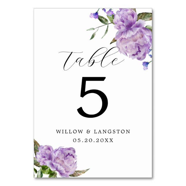 Purple Peony Flower Wedding Table Number (Front)