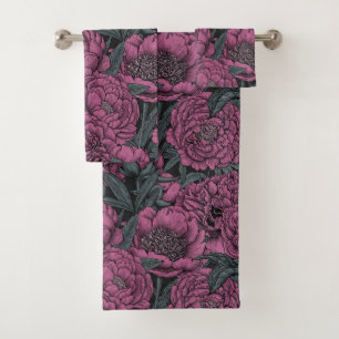 Purple peony flowers bath towel set