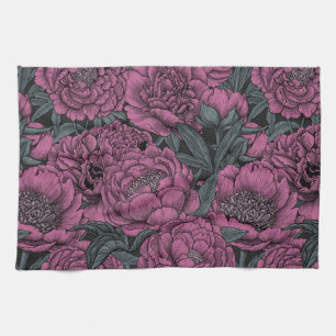 Purple peony flowers kitchen towel