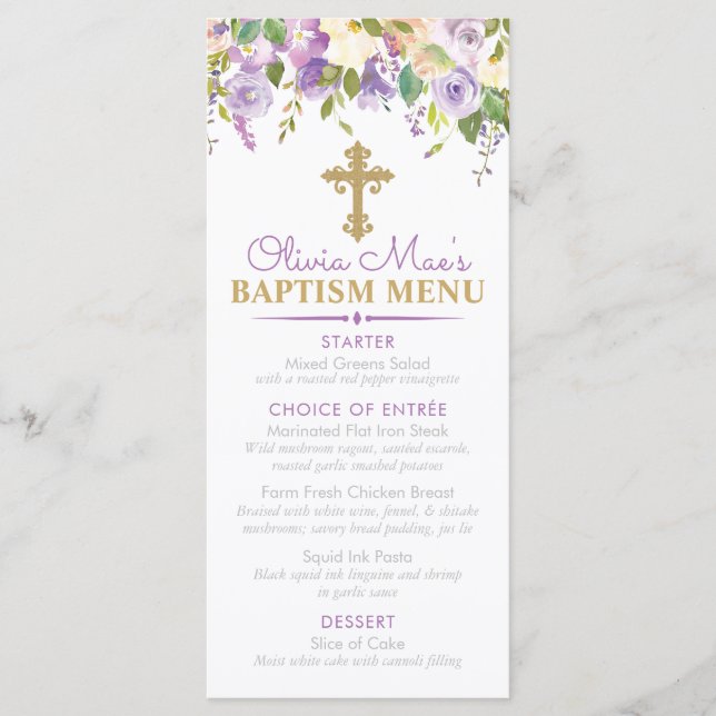 Purple Peony Girl Baptism Custom Event Menu (Front)