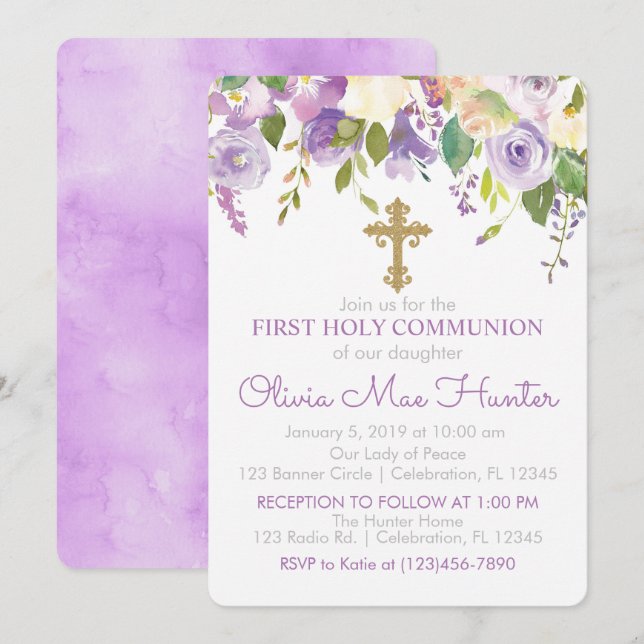 Purple Peony Girl First Holy Communion Invitation (Front/Back)