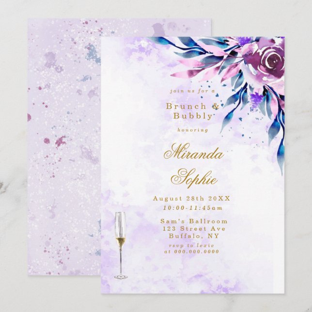 Purple Peony Gold Brunch & Bubbly Invites (Front/Back)