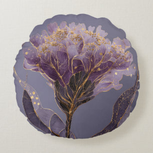 Purple Peony Inspired Floral Gold Accents Round Pillow