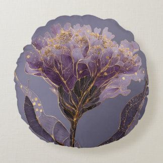 Purple Peony Inspired Floral Gold Accents Round Pillow