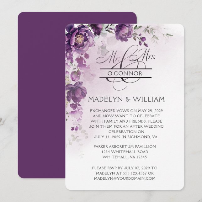 Purple Peony Reception Only Invitation (Front/Back)