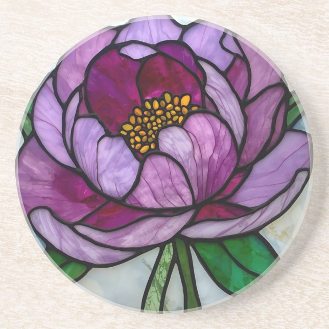 Purple Peony Stained Glass Coaster (Front)