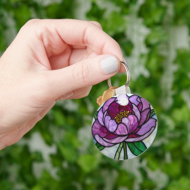 Purple Peony Stained Glass Keychain (Hand)