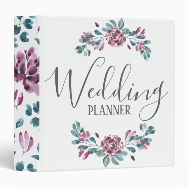 Purple peony watercolor floral Wedding Planner Binder (Front/Spine)