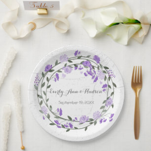 Purple Peony Watercolor Photo Wedding Paper Plate