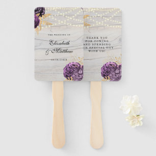 Purple Peony Wood String Of Lights Wedding Hand Fan