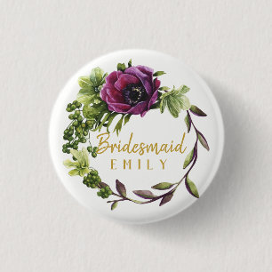 Purple Peony Wreath Bridesmaid Name ID456 1 Inch Round Button