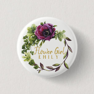 Purple Peony Wreath Flower Girl Name ID456 1 Inch Round Button